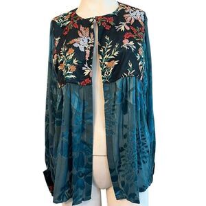 Anis A Ladies Medium Heavy Embroidered Floral Green Semi Sheer Cardigan Oversize
